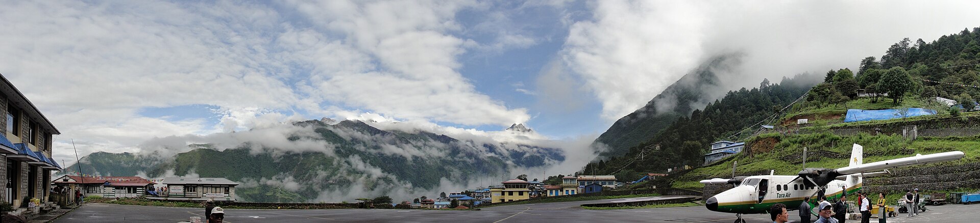 The Lukla airstrip cut into the hillside above the Dudh Koshi valley.